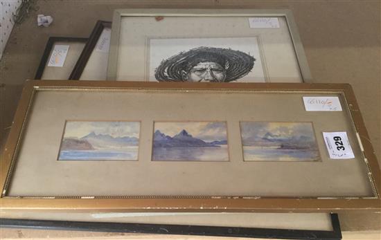 Scottish Islands, 3 watercolours framed as one; Vanity Fair, Men of The Day No.75; medieval Cologne etching & Mauritian sugar(-) worker